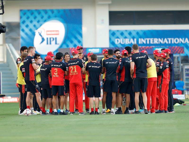 The Royal Challengers Bangalore team meet-ups during match 10 of season 13 of the Dream 11 Indian Premier League (IPL) between The Royal Challengers Bangalore and The Mumbai Indians held at the Dubai International Cricket Stadium, Dubai in the United Arab Emirates on the 28th September 2020. Photo by: Saikat Das / Sportzpics for BCCI