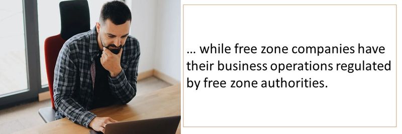 while free zone companies have their business operations regulated by free zone authorities