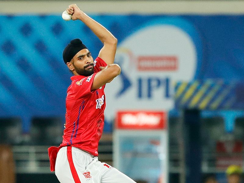 Harpreet Brar of Kings XI Punjab bowls during the match. 