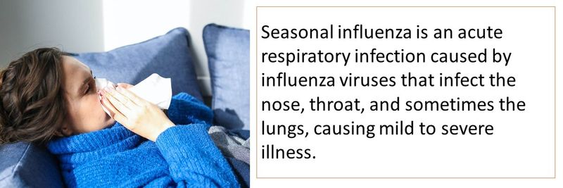 Seasonal influenza is an acute respiratory infection caused by influenza viruses that infect the nose, throat, and sometimes the lungs, causing mild to severe illness.