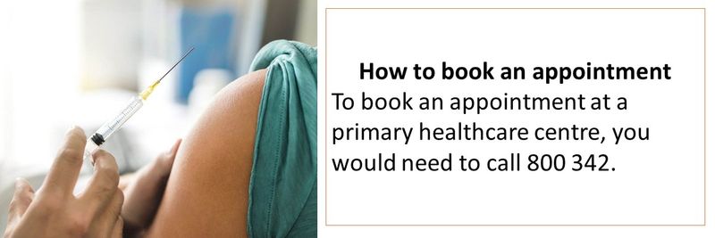 To book an appointment at a primary healthcare centre, you would need to call 800 342.