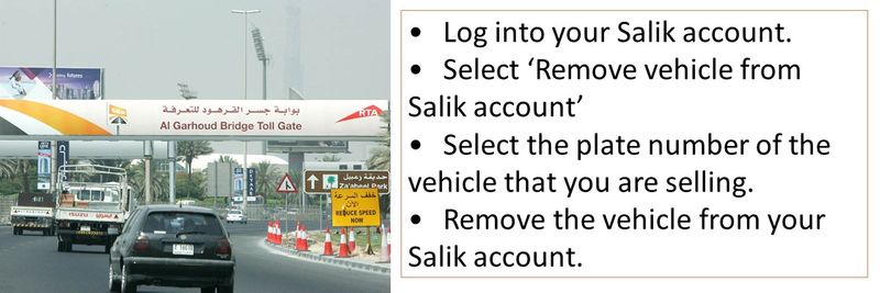 •	Log into your Salik account. •	Select ‘Remove vehicle from Salik account’ •	Select the plate number of the vehicle that you are selling. •	Remove the vehicle from your Salik account.