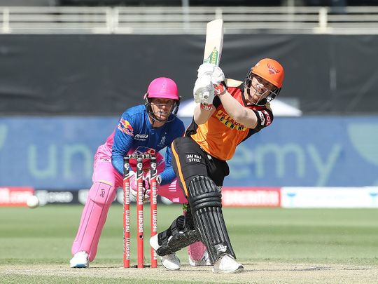 David Warner of Sunrisers Hyderabad plays a shot.  