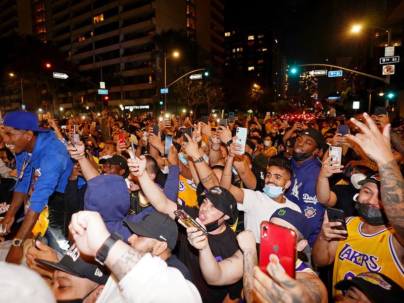Fans celebrate afterLakers won the 2020 NBA finals