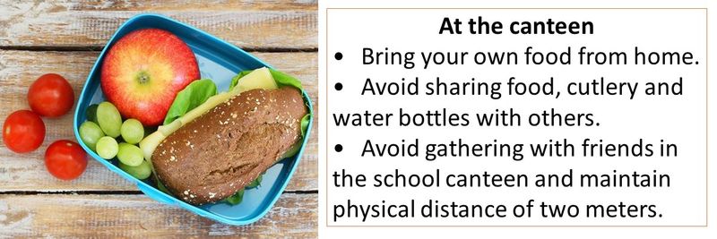 At the canteen •	Bring your own food from home. •	Avoid sharing food, cutlery and water bottles with others. •	Avoid gathering with friends in the school canteen and maintain physical distance of two meters.