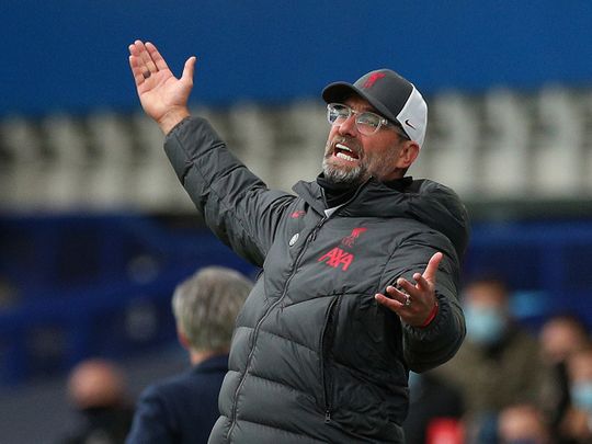 Liverpool boss Jurgen Klopp is incensed during the match against Everton.
