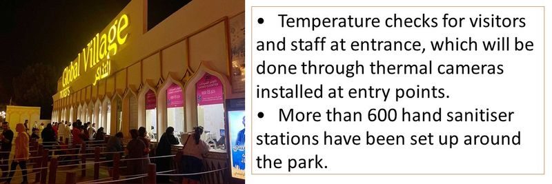 •	Temperature checks for visitors and staff at entrance, which will be done through thermal cameras installed at entry points. •	More than 600 hand sanitiser stations have been set up around the park.
