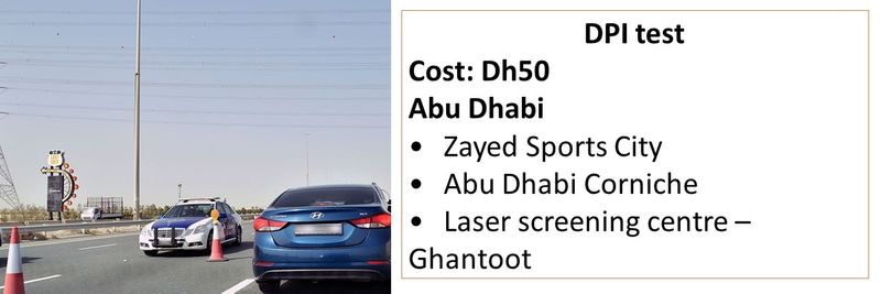 DPI test Cost: Dh50 Abu Dhabi •	Zayed Sports City •	Abu Dhabi Corniche •	Laser screening centre – Ghantoot