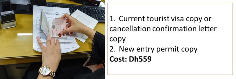 1. Current tourist visa copy or cancellation confirmation letter copy  2. New entry permit copy Cost: Dh559