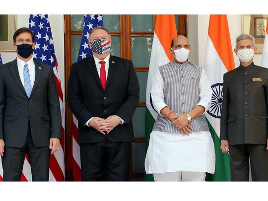 Mark Esper, US Secretary of State Michael Pompeo, Defence Minister Rajnath Singh and External Affairs Minister S Jaishankar 