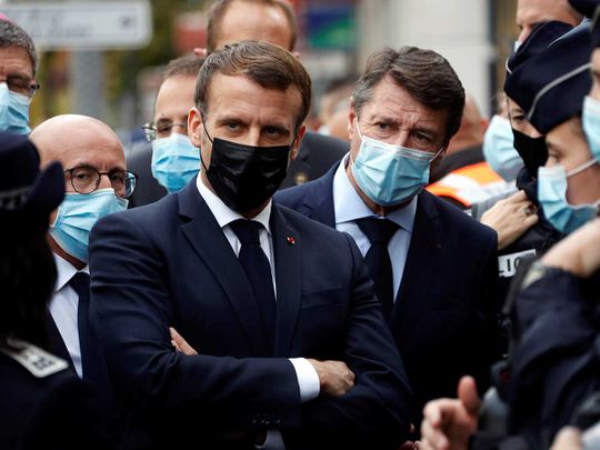 Emmanuel Macron, and Nice mayor Christian Estrosi FRance knife attack