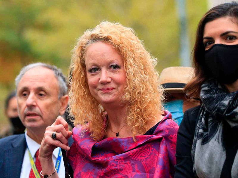 Barbara Bouchey, one of Keith Rainiere's ex-girlfriends and one of the first women who left the group, speaks to reporters as she leaves the Brooklyn federal court after Rainiere was sentenced to 120 years in prison on October 27, 2020 in New York.