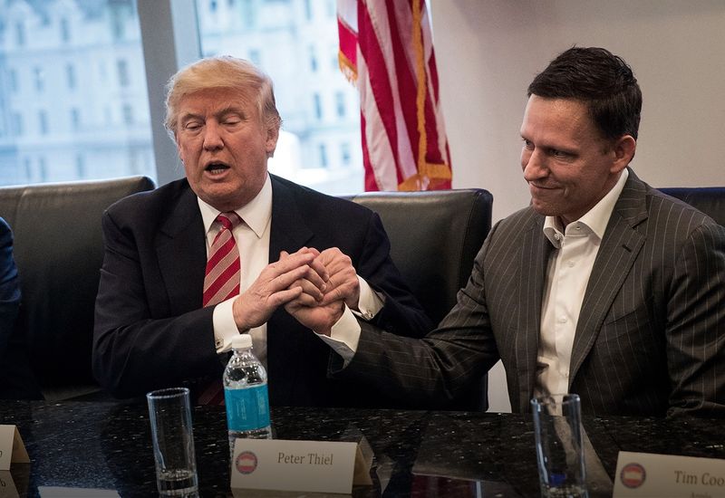 Donald Trump, then president-elect, with Peter Thiel in a meeting with technology executives at Trump Tower in December 2016.BY DREW ANGERER/GETTY IMAGES.