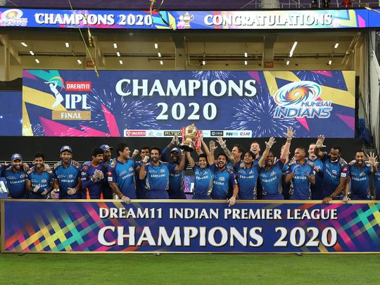 Mumbai Indians squad celebrates with the trophy of Indian Premier League (IPL) 2020
