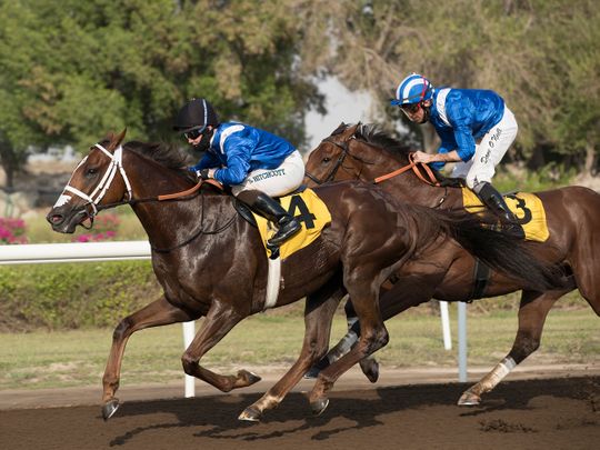 Gabr (right) beats Eqtiraan to win the Shadwell Condition Stakes at Jebel Ali Racecourse