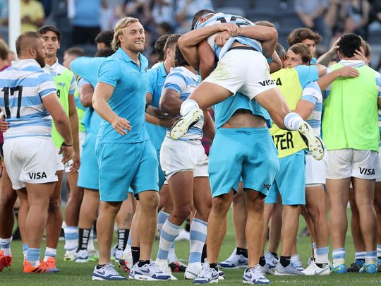 Argentina celebrate their famous win over New Zealand All Blacks