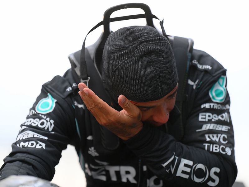 Lewis Hamilton cries after winning seventh world title
