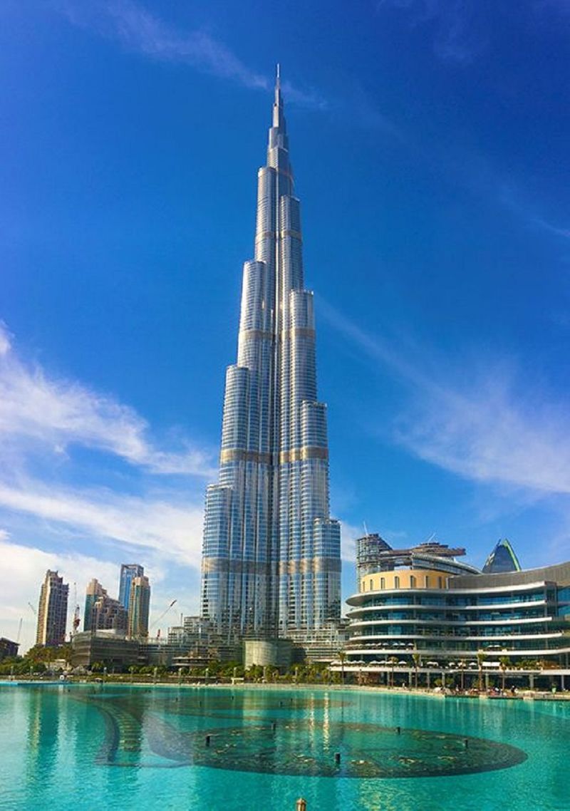 A shot of Dubai Burj Khalifa, the world's tallest building, on a clear day.  