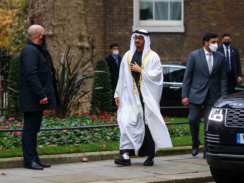 Abu Dhabi's Crown Prince Sheikh Mohammed bin Zayed Al Nahyan arrives to meet with British Prime Minister Boris Johnson at Downing Street in London.