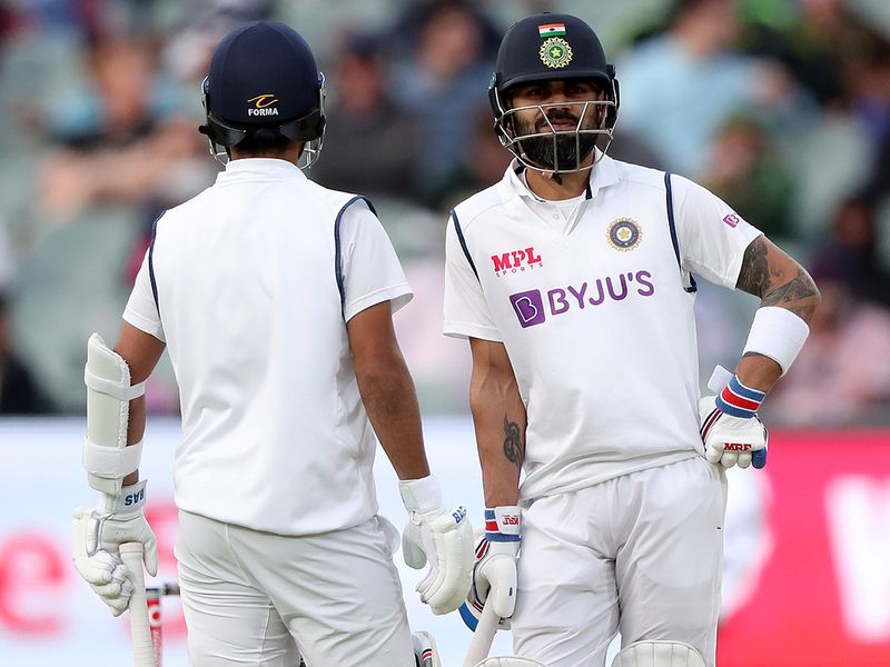 Virat Kohli and Ajinkya Rahane during the first Test against Australia in Adelaide