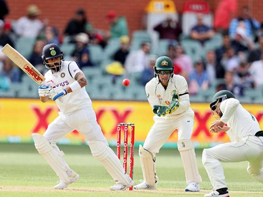 Virat Kokli bats for India during the first Test against Australia in Adelaide