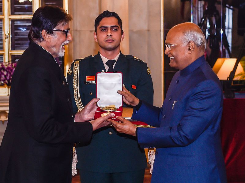 President Ram Nath Kovind presents the Dada Saheb Phalke Award for the year 2018 to veteran Bollywood actor Amitabh Bachchan, conferred for his contribution to the Indian film industry, at Rashtrapati Bhawan. 