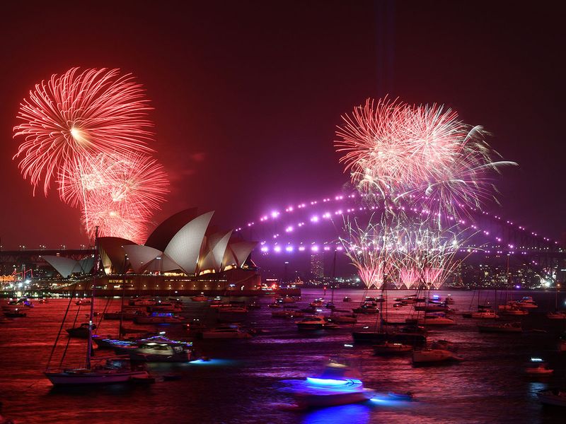 Fireworks are seen from Mrs. Macquarie's Chair during New Year's Eve celebrations in Sydney, Australia.  