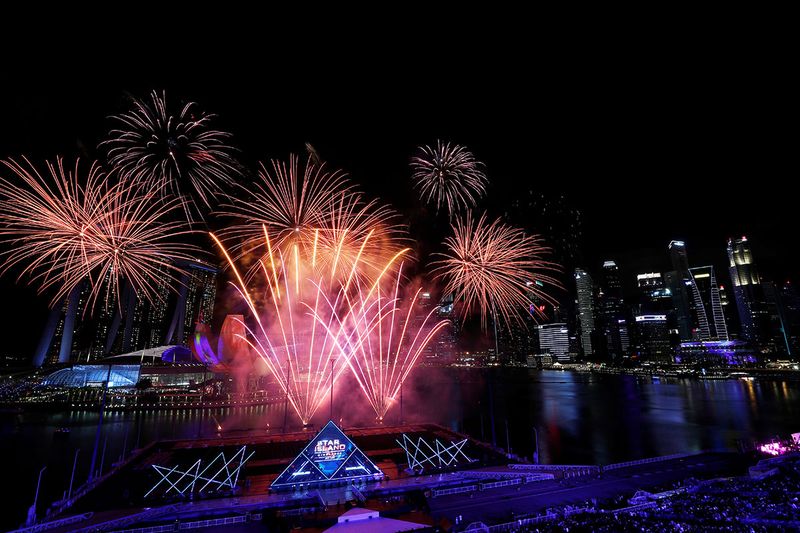Fireworks explode over Marina Bay during New Year's Eve celebrations in Singapore. 