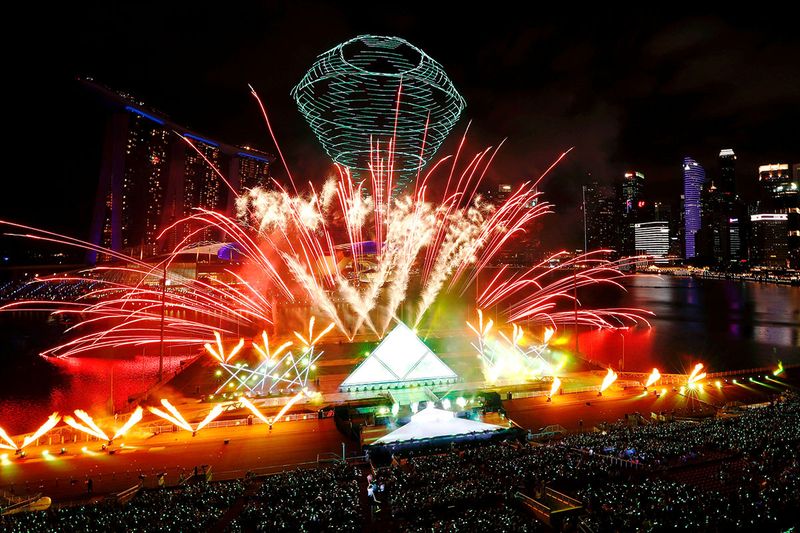 Fireworks explode over Marina Bay during New Year's Eve celebrations in Singapore. 