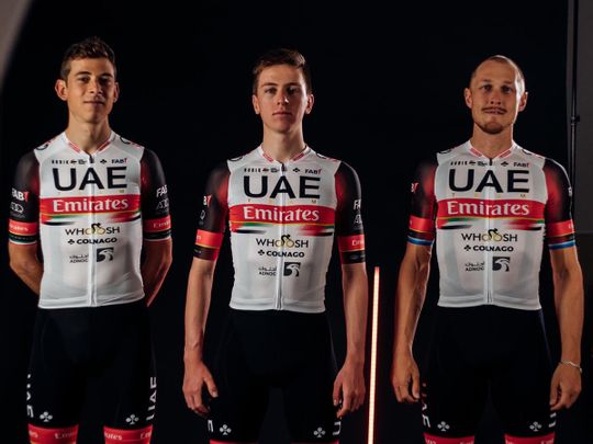The UAE Team Emirates show off their new kit for 2021