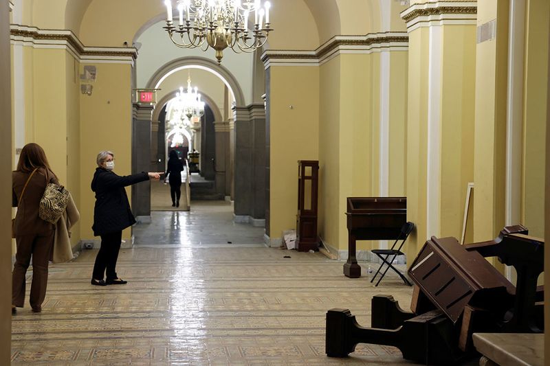 Furniture litter a hallway after supporters of U.S. President Donald Trump occupied the U.S. Capitol Building, after the Congress reconvened to certify the Electoral College votes of the 2020 presidential election, in Washington,.  