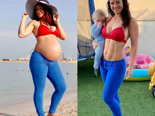 Rhian Adams pregnant second time around and then holding her son Samson, now 13 months