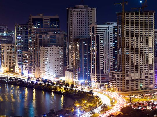 Stock Buhairah Corniche and Sharjah Skyline