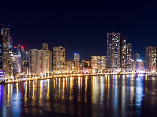 Stock Buhairah Corniche and Sharjah Skyline