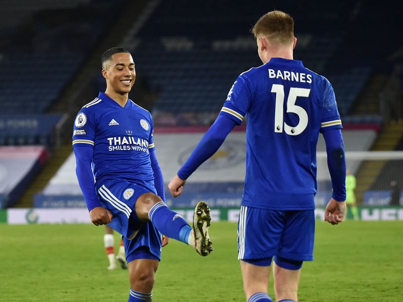 Leicester's Harvey Barnes, right, celebrates with Leicester's Youri Tielemans after scoring his side's second goal against Southampton