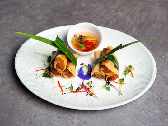 Plated Thai Vegetable Spring Rolls with plum sauce 