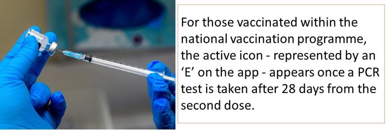 For those vaccinated within the national vaccination programme, the active icon - represented by an ‘E’ on the app - appears once a PCR test is taken after 28 days from the second dose.