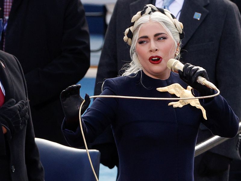 Lady Gaga sings the National Anthem during the inauguration of Joe Biden on the West Front of the US Capitol in Washington. 
