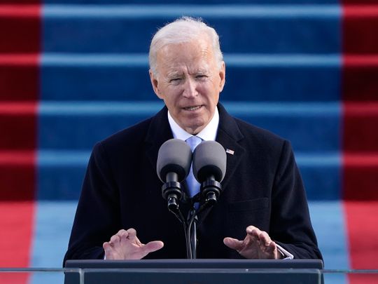US President Joe Biden speaks during the 59th Presidential Inauguration at the US Capitol in Washington. 