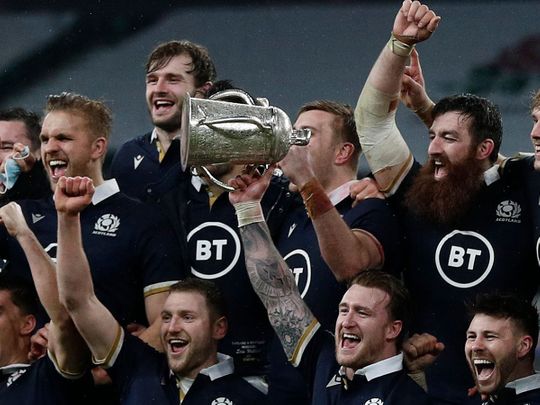 Scotland celebrate their Calcutta Cup Six Nations win over England