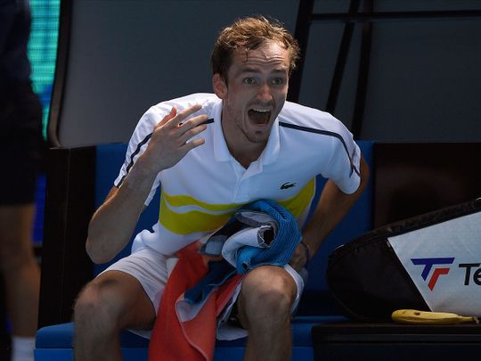 Russia's Daniil Medvedev shouts at coach Gilles Cervara during his third round match against Serbia's Filip Krajinovic at the Australian Open