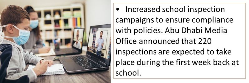 •	Increased school inspection campaigns to ensure compliance with policies. Abu Dhabi Media Office announced that 220 inspections are expected to take place during the first week back at school.