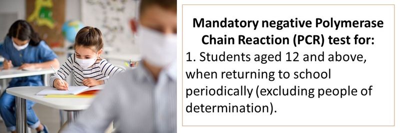 Mandatory negative Polymerase Chain Reaction (PCR) test for: 1. Students aged 12 and above, when returning to school periodically (excluding people of determination).
