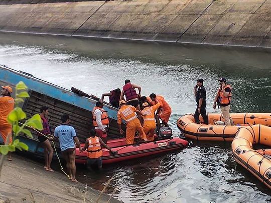 NDRF team carries out rescue operation after an overcrowded bus plunged into a canal in Sidhi district of Madhya Pradesh, on Tuesday. 