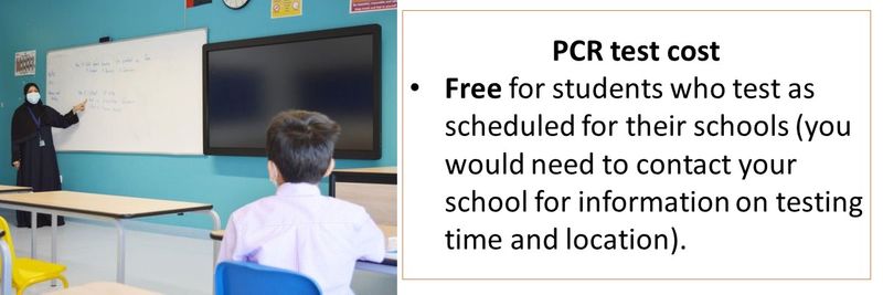 PCR test cost Free for students who test as scheduled for their schools (you would need to contact your school for information on testing time and location).