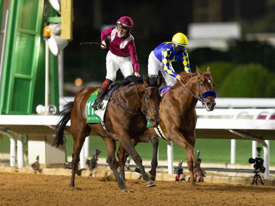Mishriff ridden by David Egan, edges out Charlatan and Mike Smith in the last moments of the Saudi Cup
