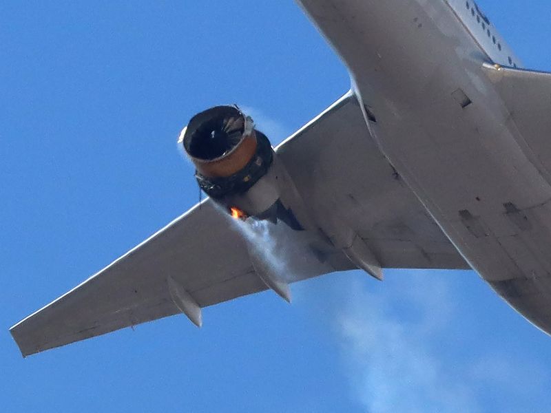 United Airlines flight UA328, carrying 231 passengers and 10 crew on board, returns to Denver International Airport with its starboard engine on fire after it called a Mayday alert, over Denver, Colorado. 