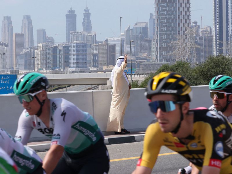 His Highness Sheikh Mohammed bin Rashid Al Maktoum, Vice President and Prime Minister of the UAE and Ruler of Dubai, cheered on riders during Stage 6 of the third edition of UAE Tour.