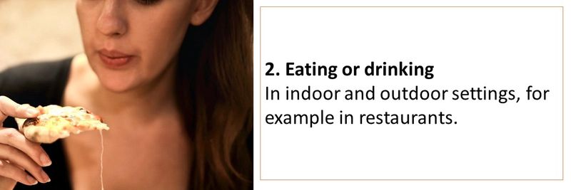 2. Eating or drinking In indoor and outdoor settings, for example in restaurants.