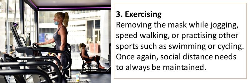 3. Exercising Removing the mask while jogging, speed walking, or practising other sports such as swimming or cycling. Once again, social distance needs to always be maintained.